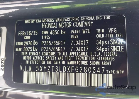 2015 Hyundai Santa Fe Sport 2.4L from USA, damaged, VIN 5XYZT3LBXFG280347